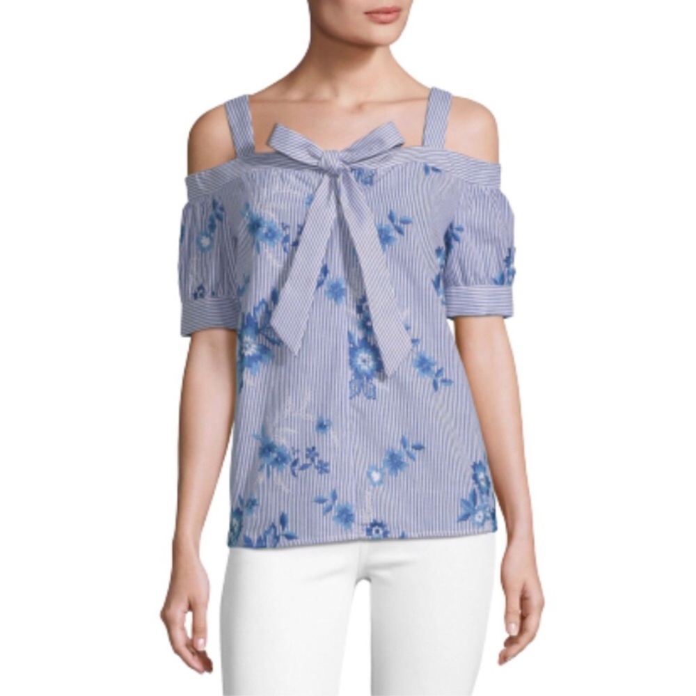 Supply & Demand Blue White Cold Shoulder Top Saks 5Th Avenue Large NEW